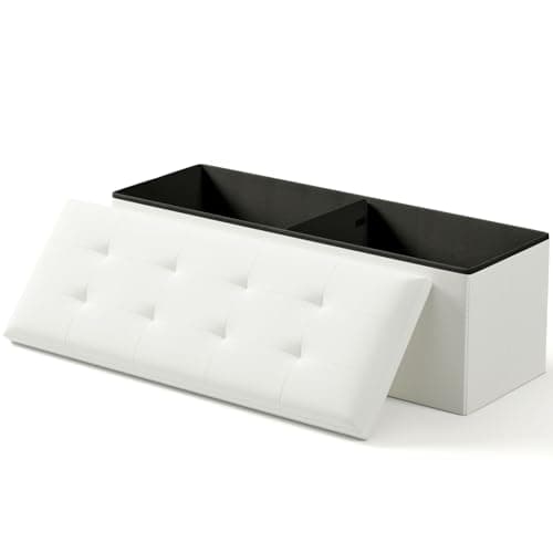 White Storage Ottoman Bench with Folding Foot Rest, 15 x 43 x 15 Inches