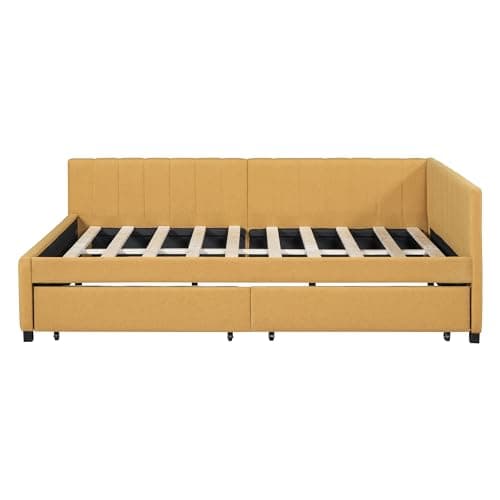 Merax Full Size Upholstered Daybed with Storage Drawers, Yellow Linen Fabric