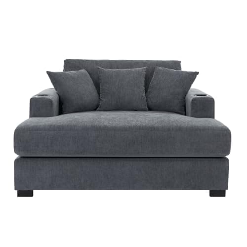Blue-gray 55" Oversized Chaise Lounger with Chenille Fabric, Pillows, Charge Station & Cup Holders