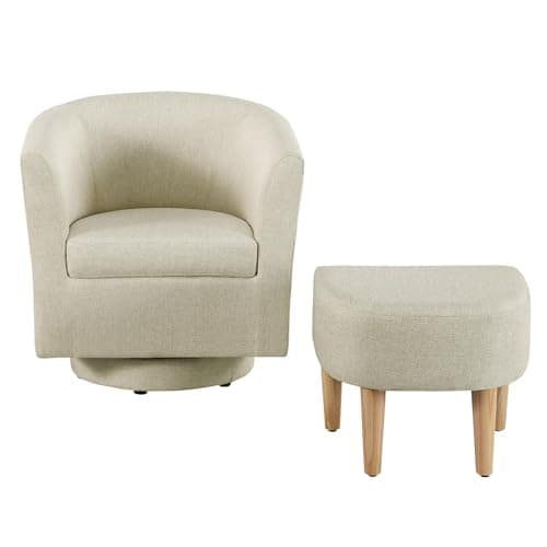Beige Swivel Accent Chair with Ottoman for Comfortable Living & Reading Rooms