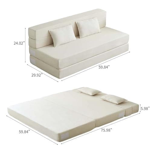 Beige Linen Foldable Mattress 3-in-1 Sofa Bed, Queen, Pillow Included