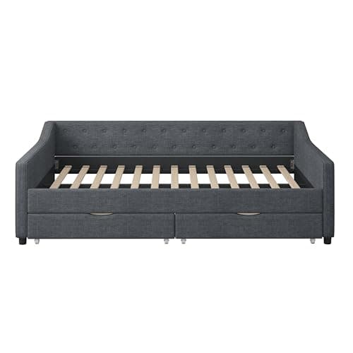 Full Size Upholstered Day Bed with Drawers & Tufted Back, Dark Grey