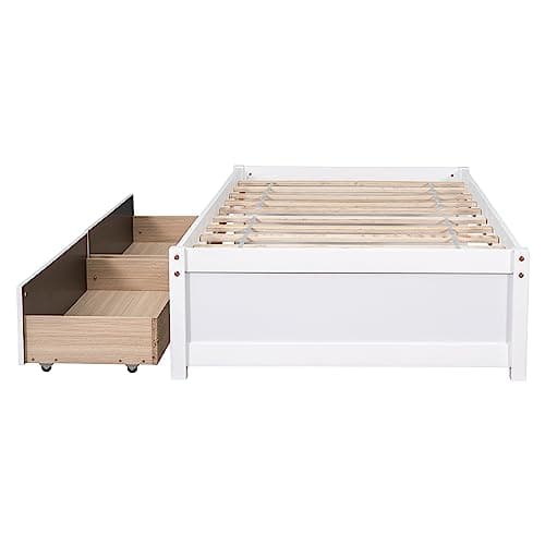 White Wood Storage Bed Frame with Drawers for Kids & Adults