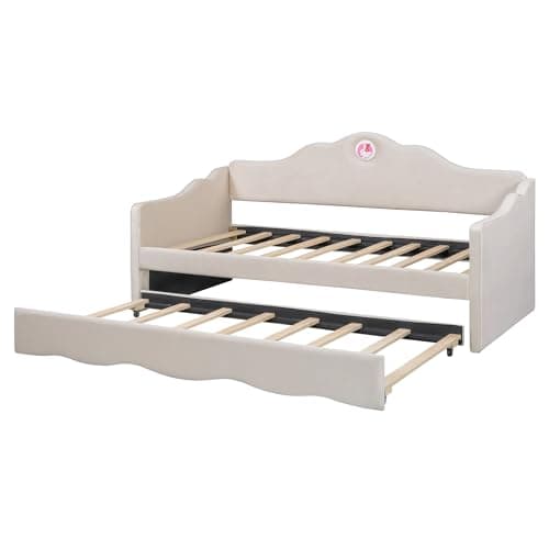 Beige Ball & Cast Upholstered Twin Daybed with Trundle & Wave Back