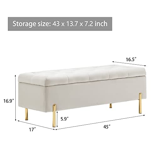 Ivory Upholstered Tufted Velvet Storage Bench for Living Room Entryway