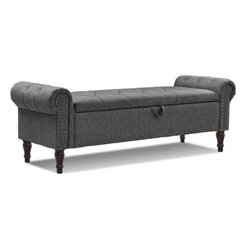 Linen Button Tufted King Ottoman for Bed End, Window Seat with Nailhead Trim