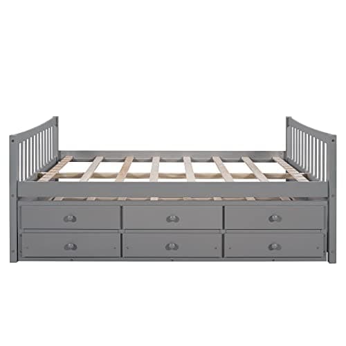 Upholstered Daybed with Trundle, Drawers, and Wood Slat Support Frame - Grey