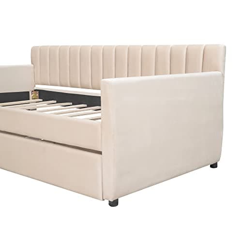 Upholstered Daybed with Storage Drawers, Velvet Sofa Bed Daybed (Twin Size, Beige)