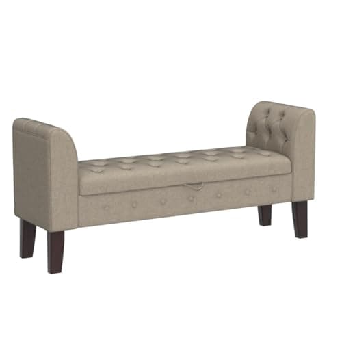 Khaki Upholstered Storage Bench with Arms for Bedroom and Living Room