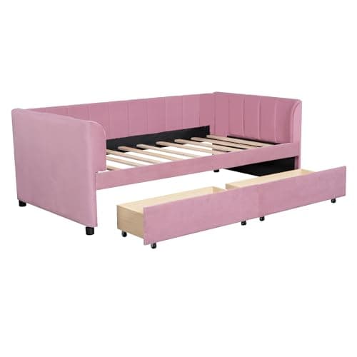 Velvet Daybed with Storage Drawers and Striped Headboard Design, Twin Size, Pink