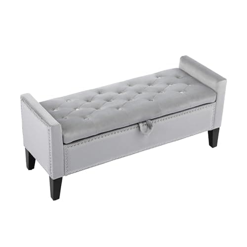 Grey Velvet Button Tufted Storage Ottoman Bench, 45" End of Bed Bench