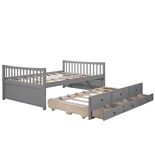 Upholstered Daybed with Trundle, Drawers, and Wood Slat Support Frame - Grey