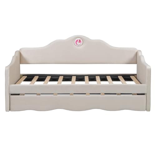Beige Ball & Cast Upholstered Twin Daybed with Trundle & Wave Back