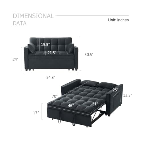 3-in-1 Velvet Sleeper Sofa Bed with Armrests and Storage(Black)