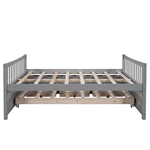 Upholstered Daybed with Trundle, Drawers, and Wood Slat Support Frame - Grey