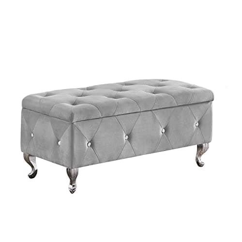 Velvet Upholstered Storage Ottoman Bench with Safety Hinge and Padded Seat in Grey