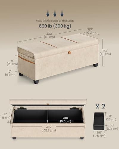 SONGMICS Home Storage Bench, 15.7 x 43.3 x 15.7 Inches, 27 Gal. (103 L), Cappuccino Beige ULSF533L01
