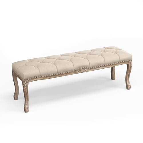 French Vintage Tufted Bench, Beige Distressed Wood Legs, Living Room, Foyer, Dining Room