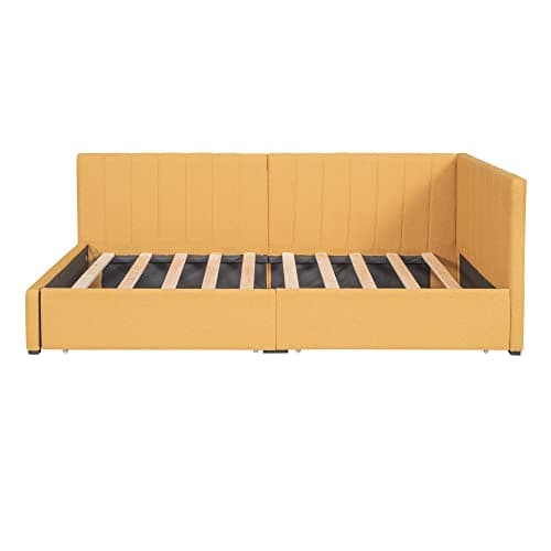 Upholstered Daybed with Storage Drawers and Wood Slats, Linen Fabric Sofa Bed Frame - Twin Size (Yellow)