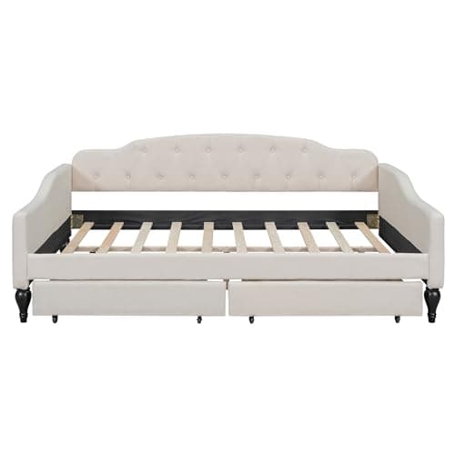 Beige Upholstered Daybed with Storage, Button Tufted Back & Nailhead Detail