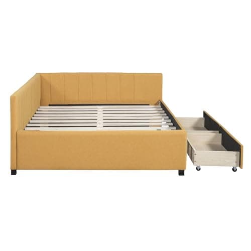 Merax Full Size Upholstered Daybed with Storage Drawers, Yellow Linen Fabric