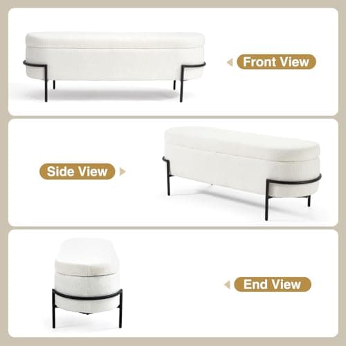 Sherpa Storage Bench, 52 Inch Oval Ottoman with White Upholstery and Metal Stand