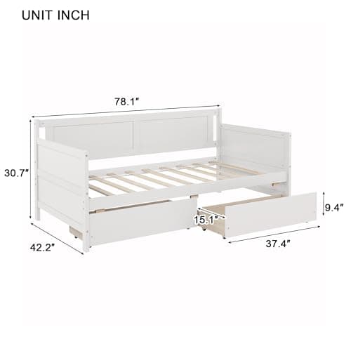 Twin Size Daybed Frame with Storage Drawers, White Wood Bed