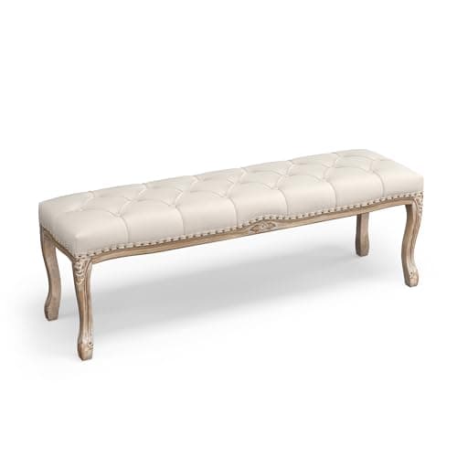 French Vintage Tufted Bench, Beige Distressed Wood Legs, Living Room, Foyer, Dining Room