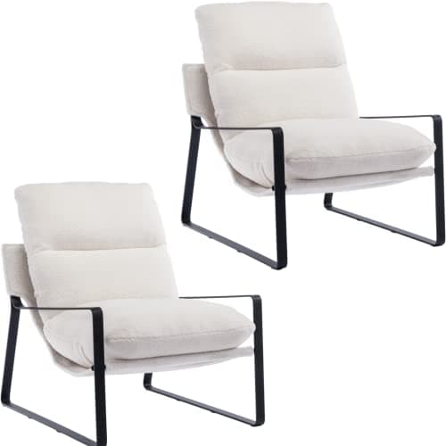 Set of 2 Mid-Century Accent Chairs in White Sherpa Fabric for Living Room Bedroom