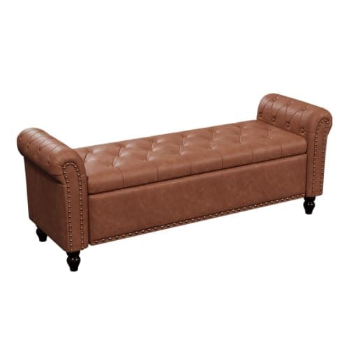 Faux Leather Window Bench with Storage & Tufted Button Detail, 65" Bedroom Bench, Brown