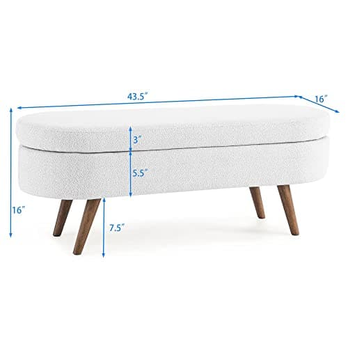 White Linen Storage Ottoman Bench, 43 Oval Entry Bench for Living Room and Bedroom