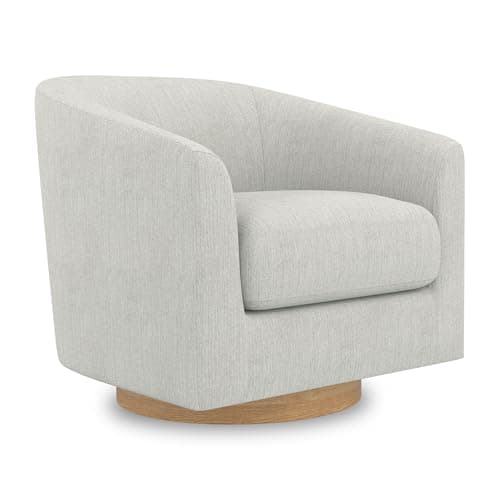 Ivory Swivel Accent Chair with Modern Barrel-Curved Arms and Solid Wood Base