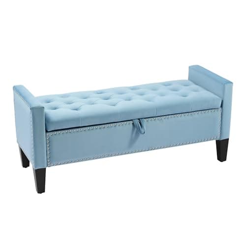 Grey Velvet Button Tufted Storage Ottoman Bench, 45" End of Bed Bench