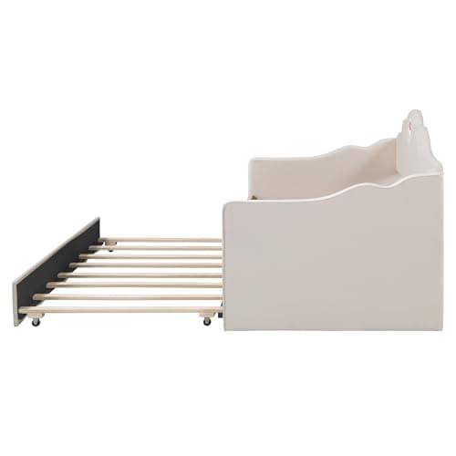 Beige Ball & Cast Upholstered Twin Daybed with Trundle & Wave Back