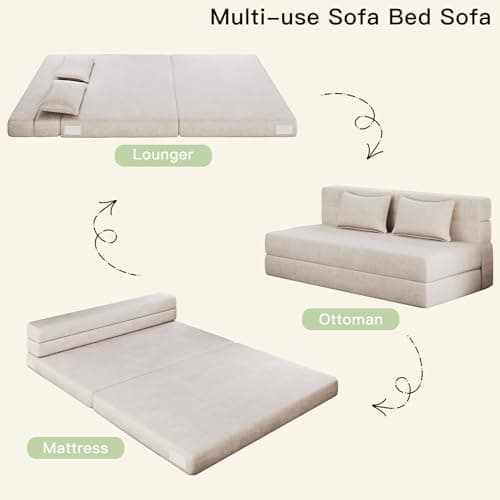 Folding Sofa Bed Queen for Travel and Guests, Off White