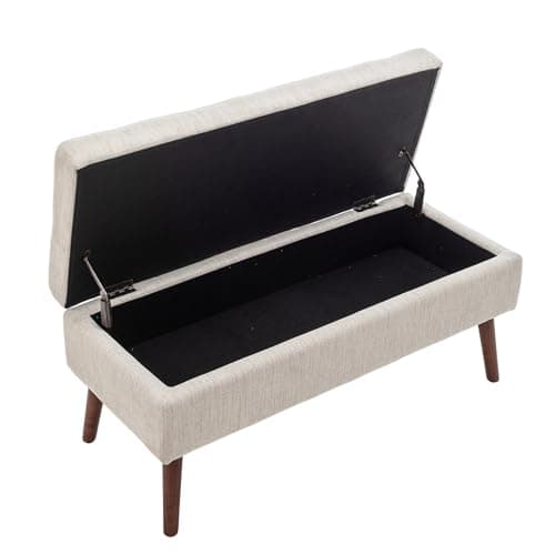 Beige Linen Tufted End of Bed Storage Bench with Solid Wood Legs