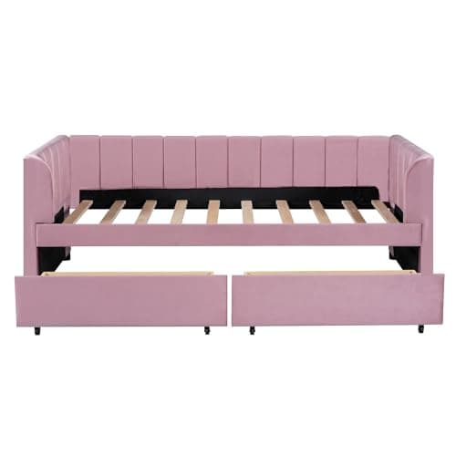 Velvet Daybed with Storage Drawers and Striped Headboard Design, Twin Size, Pink