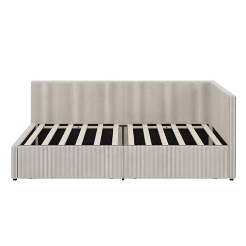 LUSPAZ Beige L-Shape Corduroy Daybed with 2 Drawers & Striped Legs, No Box Spring Required