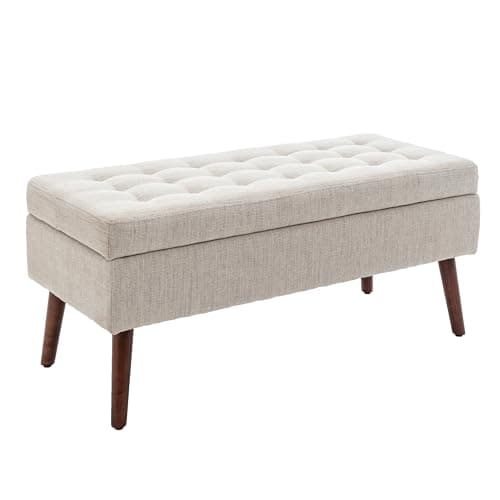 Beige Linen Tufted End of Bed Storage Bench with Solid Wood Legs