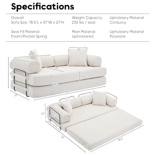 Beige Cylindrical Pillow Convertible Sleeper Sofa Bed