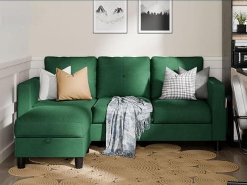 SUNLEI Movable Ottoman Storage L-Shaped Couch, Dark Grey Linen, Living Room Fit Small Spaces