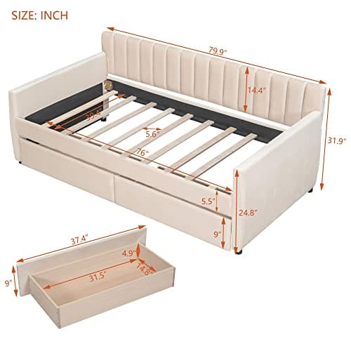 Upholstered Daybed with Storage Drawers, Velvet Sofa Bed Daybed (Twin Size, Beige)