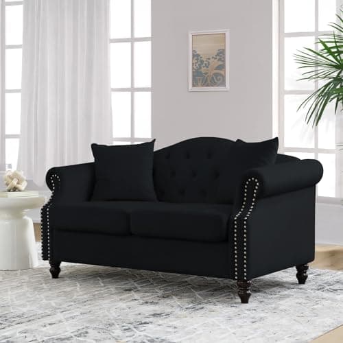 57 Button Tufted Velvet Loveseat Sofa in Black for Living Room, Bedroom, Office, Apartment