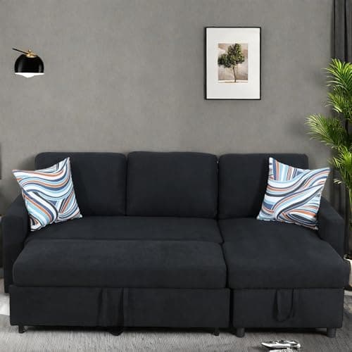 L-Shaped Convertible Sofa Bed with Storage, Black