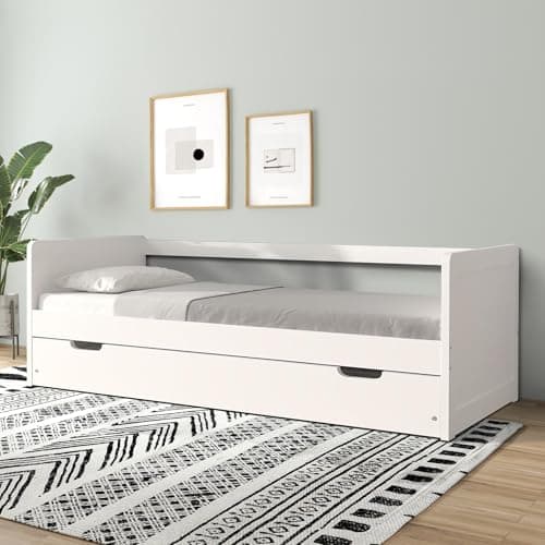Modern Wood Daybed with Armrest & Trundle, White