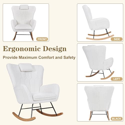 VECELO Thick Headrest Reading Glider Rocker with Side Pocket, White