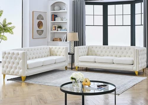 Velvet Chesterfield Sofa Set, 2-Piece Oversized Seater with Nailhead Detail (Grey)