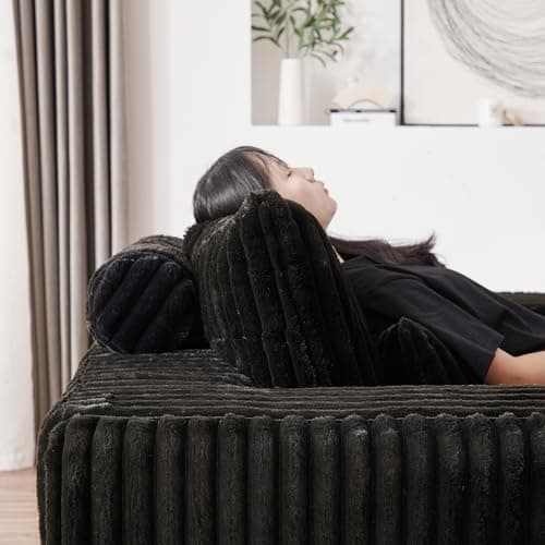 Oversized Black Chaise Lounge Chair - Plush Corduroy Sofa with Wide Armrests & Pillows for Living Room