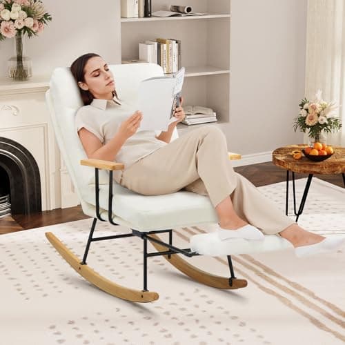 Retractable Footrest Rocking Chair, Teddy Upholstered, Beige, Modern Living Room Chair
