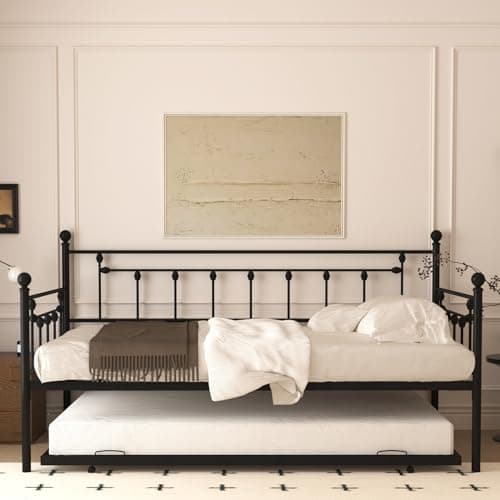 Twin Size Daybed with Trundle, Metal Sofa Bed Frame (Black)